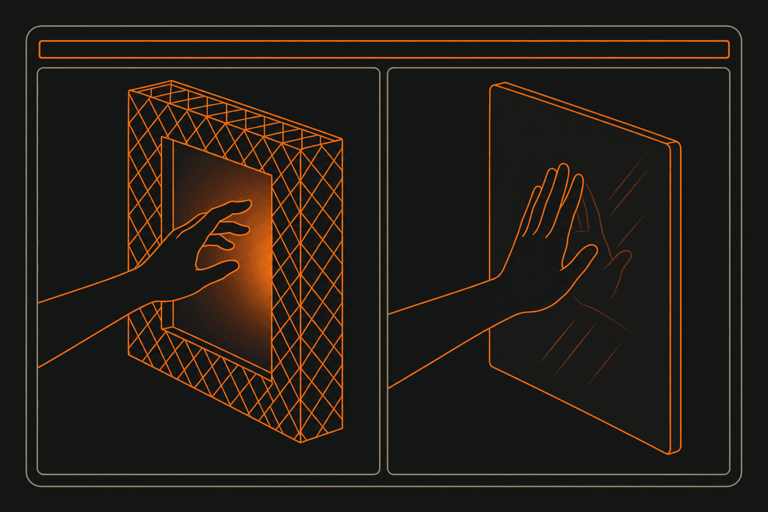 One hand reaches through an open lattice into warm light; a second hand is stopped flat against a closed glass panel.