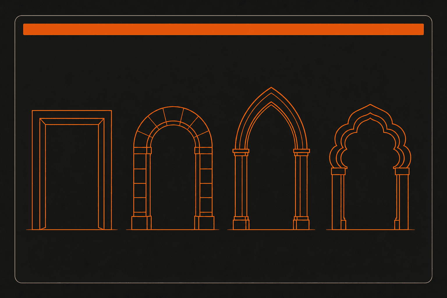 Four differently shaped doorways stand in a row, each lit evenly, with none highlighted over the others.