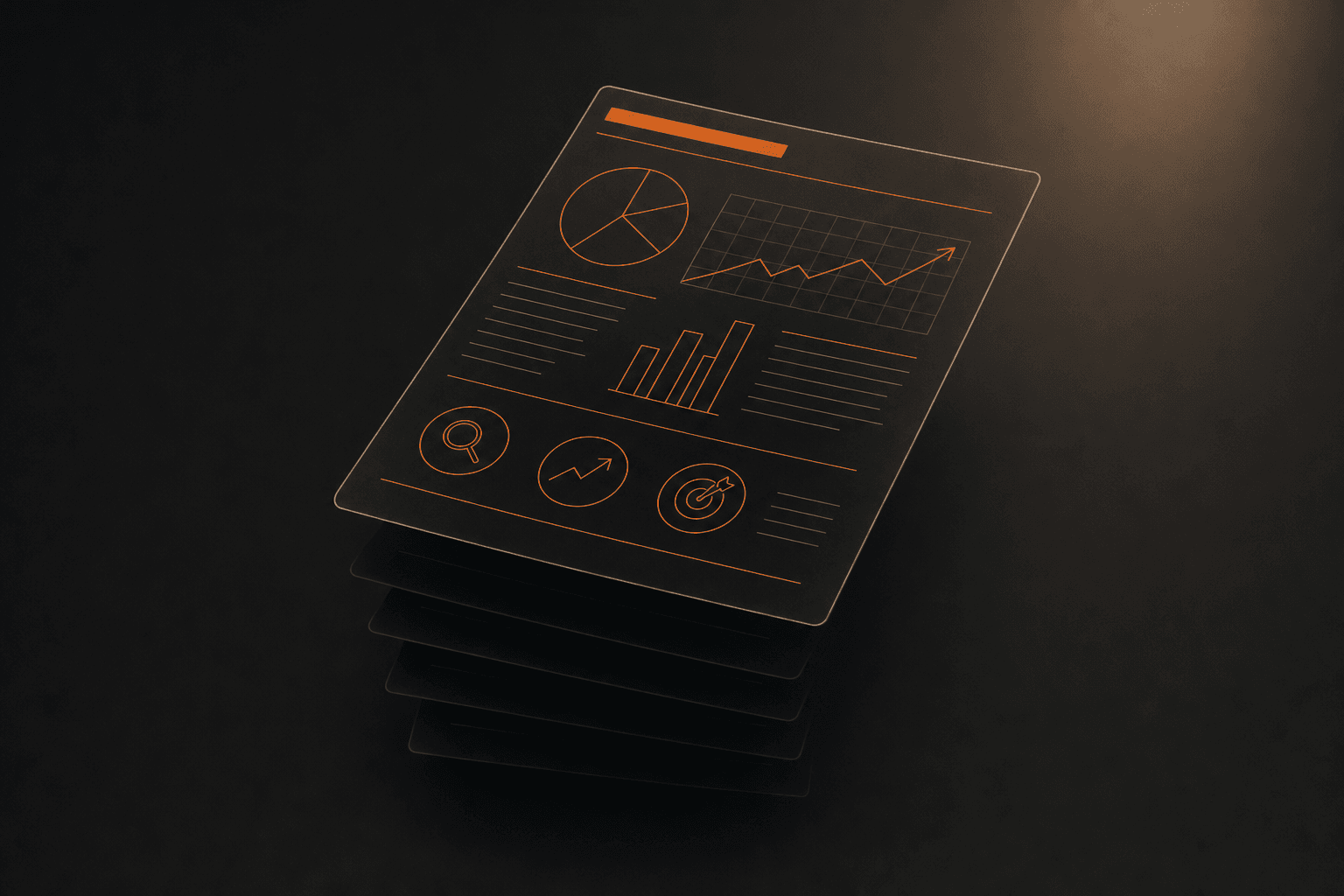 A single lit sheet of paper rests above a dark reflective surface, with several more sheets stacked and receding into shadow beneath it.