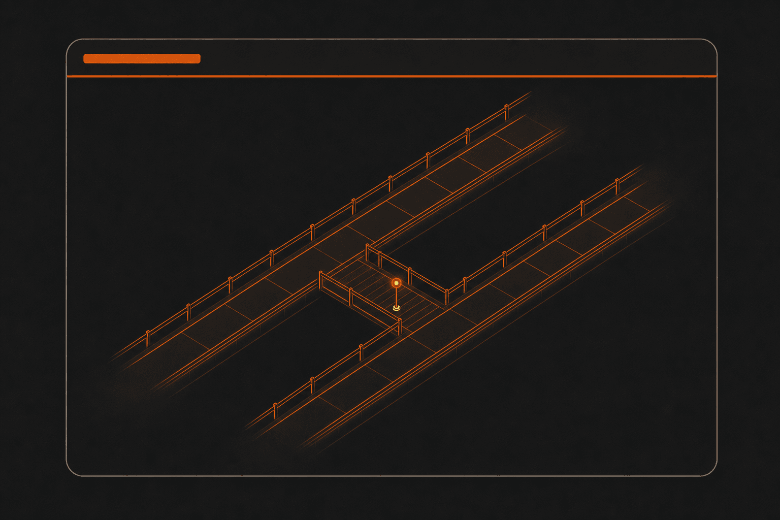 Two parallel lit tracks run side by side, joined by a bridge whose walkway leads back the way it came.