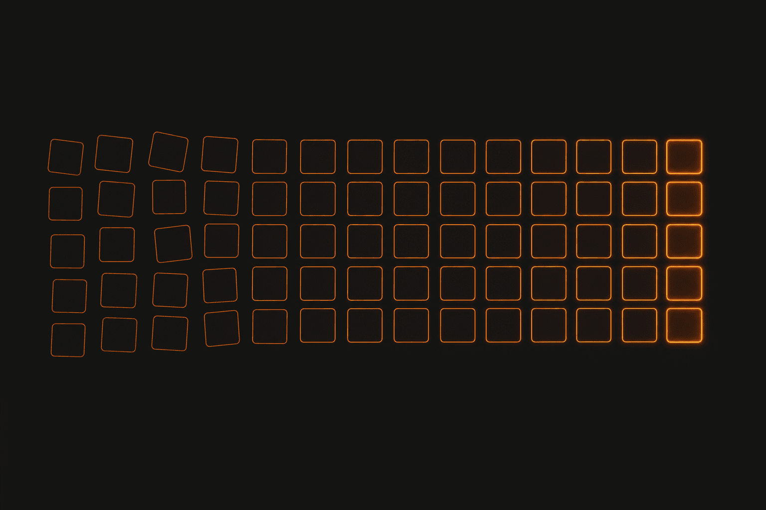 A grid of scattered, unevenly tilted tiles gradually aligns into a perfectly even, brightly lit grid from left to right.